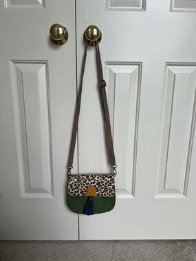 Soruka Leopard Print & Green Crossbody Bag with Tassel never worn